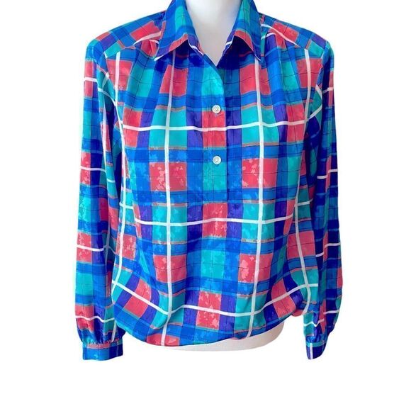 Da Rue California Check Blouse Elasticized Hem Vintage 80’s Size 14 - Picture 1 of 5